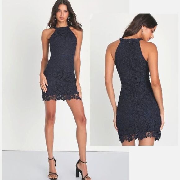 NWT Lulus Love Poem Navy Blue Crochet Lace Mini Halter Dress M - Picture 1 of 6